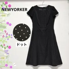 美品♡ニューヨーカー　半袖ワンピース　黒×オフホワイトドット　フレアスカート　Mのサムネイル