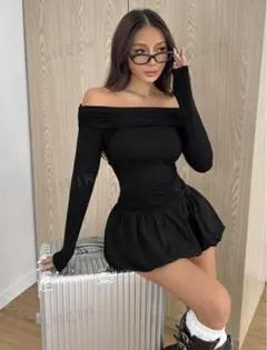 SHEIN 黒 オフショルダー ミニワンピース