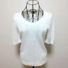 BANANA REPUBLIC　五分袖　透かし編み　ニット　袖ボタン　ホワイト