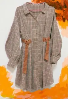 チェック柄長袖ワンピース【ブラウン】