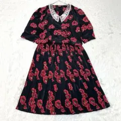 英国製 ユーロヴィンテージ ワンピース 花柄 プリーツ レース襟 総柄 黒 赤