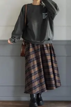 ネイビーとブラウンのチェック フレアスカート Lサイズ