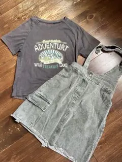 値下げ♡Qoo10☆韓国子供服 Tシャツ ジャンスカ セット デニム 上下セット