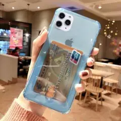 iPhoneXRケース、青色クリア、カードポケット付き