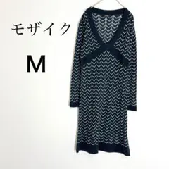 モザイク ニットワンピース 長袖 Vネック 総柄編み 日本製 ウール混 M