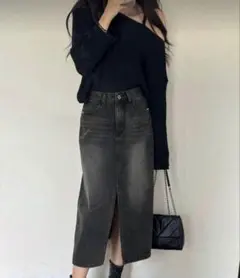 ロングデニムスカート　ブラック　スリット