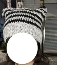 ハンドメイド かぎ針編み グレー ブラック ボーダー 猫耳ニット帽