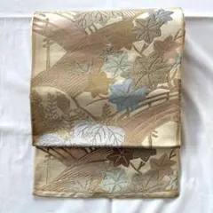 袋帯 刺繍 古典柄 クリーム色 金色 アンティーク リメイク 着付け練習用に