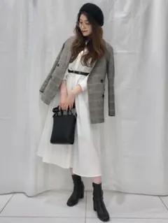 【美品】GU　バンドカラー 7分袖 シャツワンピース　ぽわん袖　ペプラム　白　M