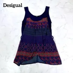 デシグアル　総柄ブラウス　カットソー　紺　M ノースリーブ　チュニック　異素材