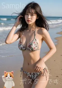 【A261】A4 AIポスター 海辺を歩く水着姿が美しい女性③