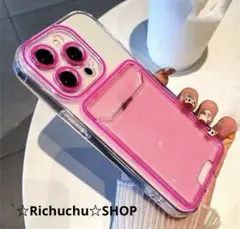 新品 iPhone17用ケース カード収納付き ネオンピンク
