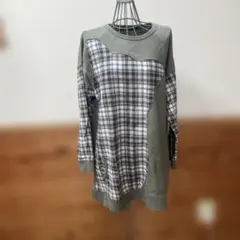ドラッグストアーズ　オリーブグリーン チェック柄 長袖チュニック