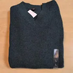 【新品】ユニクロ 3DスフレヤーンVネックセーター ブルー グリーン Ｌ