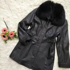 ラムレザーコート フォックスファー 襟 ミドル丈 ブラック 2way 9号
