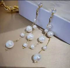 パール　ロング　ピアス　結婚式　女子会　両耳用　デート　高見え