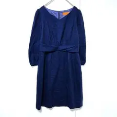 SunaUna スーナウーナ　膝丈ワンピース ウエストリボン 紺 ウール混　上品