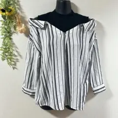 【c2753】✨美品✨オフショルダー ストライプシャツ　重ね着風　肩だし　黒　白