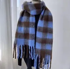 マフラー　チェック柄　大判　防寒　冬　ストール　青　チェック柄マフラー　ブルー