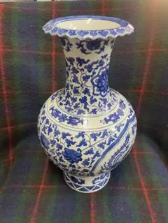 大型 染付 花瓶 龍鳳凰文 高さ約38cm 中国美術風 壺 花器 飾壺 骨董調