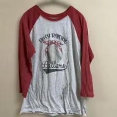 ノーブランド プリント Tシャツ ラグラン M 白 赤 綿混 カジュアル