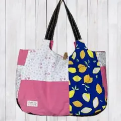 ハンドメイド☆切り替えパッチのグラニーバッグ☆内、サイドポケット付き