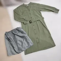 レディースSオリーブグリーンの長袖ひざ丈ワンピース