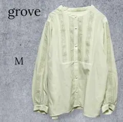 【グローブ】ピンタックブラウス 刺繍レース くるみボタン グリーン Ｍ ガーリー