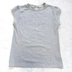 レトロガール グレー パール装飾 リブ編み Tシャツ カットソー 半袖 Mのサムネイル