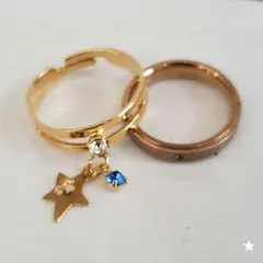2個セット◆1粒ビジューリング 星付きゴールドリング 9号 フリーサイズ レトロのサムネイル