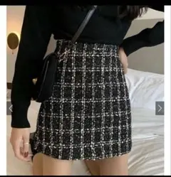 GRL インパン裏地付ツイード台形ミニスカートcu317 ブラック　S