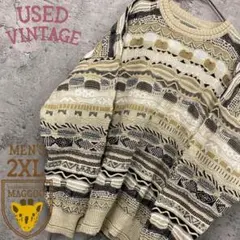 ユーロ古着【ヴィンテージ 3Dニット/デザインニット】総柄ベージュ メンズ2XL