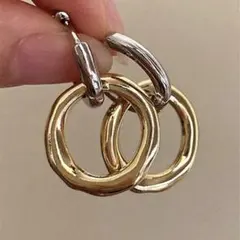 シンプルバイカラーフープピアス ゴールド×シルバー　2way