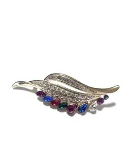 【美品】ヴィンテージ リーフブローチ マルチカラー ラインストーンゴールドトーン