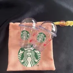 【未使用】　スタバ　ミニカップ2個　 ピーチ　巾着セット