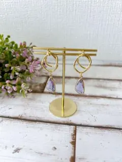 デザインピアス/リング/二連フープ/パープル/ストーン/春