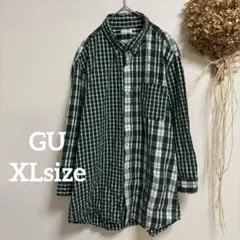 【ジーユー】 XL♪ メンズ チェック半端袖 ゆったり カジュアル グリーン