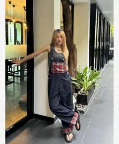 チェック柄デニムサロペット☆ゆったり年中お洒落コーデ♪普段着・アウトドアに最適！