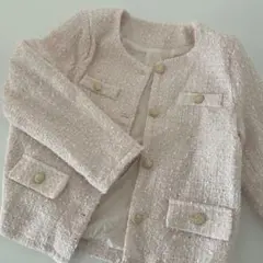 ツイード ノーカラージャケット ピンク ゴールドボタン