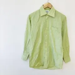 【ミツミネ】綿100%長袖シャツ　Mサイズ　黄緑色　細かいチェック柄　レトロ