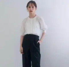 ANAYI シフォンレースブラウス パフスリーブ シアー ブラック 38
