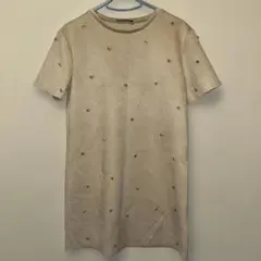 ZARA ビジュー装飾 ベージュ半袖ベロアミニワンピース XS