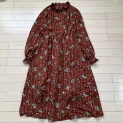 12.26 昭和レトロ ロングワンピース ブラウン 花柄 M