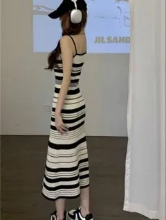 ボーダー ニットワンピース ノースリーブ ロング丈
