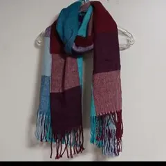 大判チェック柄 ストール 青 赤