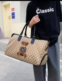 ベア刺繍 大容量ボストンバッグ ベージュ／シューズ収納付き 旅行・マザーズバッグ