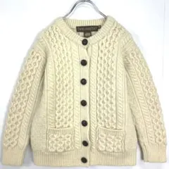 アイルランド製Inis craftsメリノウールカーディガンアランニット白生成り