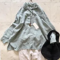 タグ付き未使用　ネストローブ　近江晒し　リネンシャツ　ブラウス　ミントグリーンのサムネイル