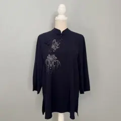 太極拳服、チャイニーズ、ネイビー ビジュー装飾 五分袖トップス