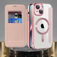 iPhone15ケース 手帳型 ピンク MagSafe対応 カード収納 レザー調